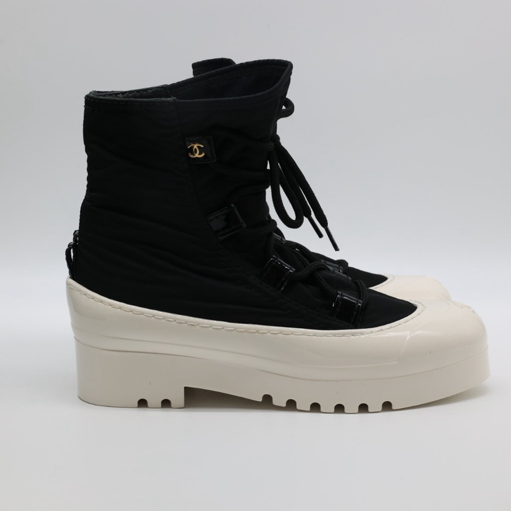 CHANEL Black Nylon Ankle Boots with White Rubber Sole size 38 - Picture 6 of 13